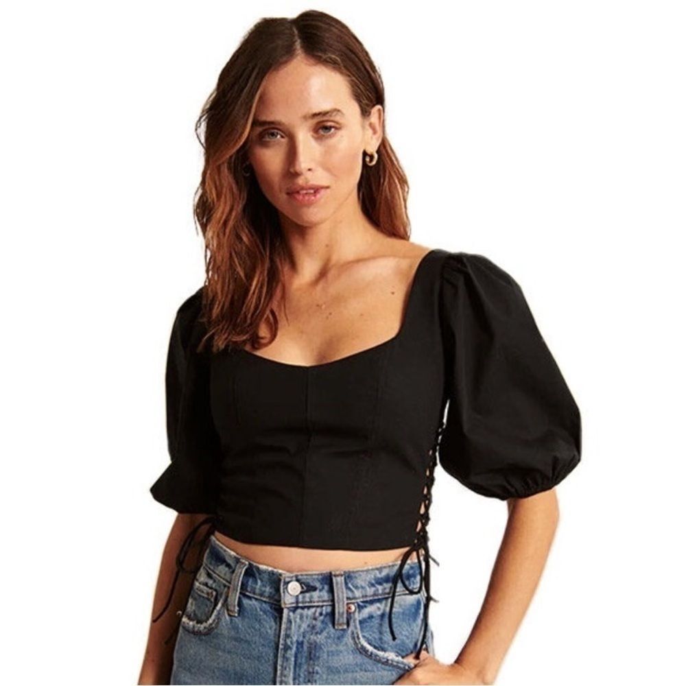NWT Abercrombie & Fitch Black Puff Sleeve Cropped Lace Up Corset Top Size XS